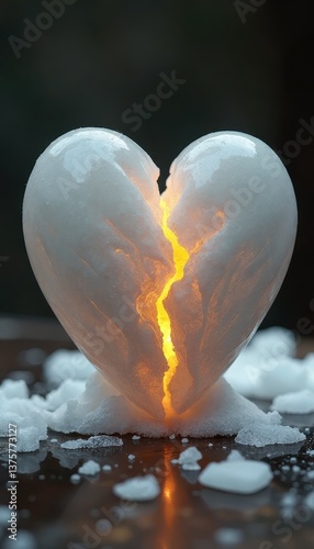 Cracked ice heart glowing with warm light, surrounded by snow, symbolizing rebirth and renewal
