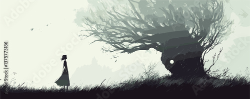 Silhouette of woman facing mysterious tree with glowing eye in misty landscape, vector.