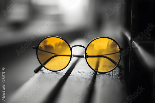 Round eyeglasses with yellow lenses on bench, selective color against monochrome background, creative concept of focus, optimism, and seeing differently.