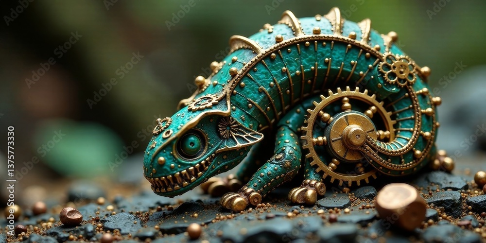 Obraz premium Intricate Teal and Gold Mechanical Chameleon Figurine on Dark Surface with Small Metallic Objects