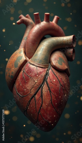 Realistic human heart sculpture adorned with intricate details and glowing veins, symbolizing life and resurrection