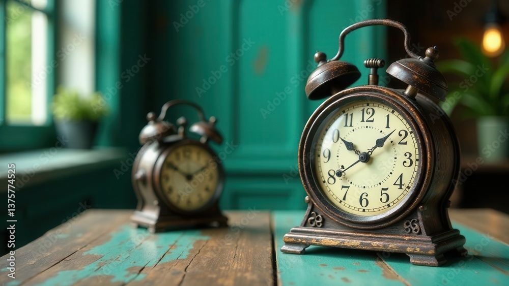 Two antique alarm clocks rest on a rustic wooden surface, bathed in soft light. A tranquil scene evoking a sense of nostalgia and quiet reflection. Two antique alarm clocks rest on a rustic wooden surface, bathed in soft light. A tranquil scene evoking a sense of nostalgia and quiet reflection.
