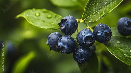 blueberries on the bush with water drops