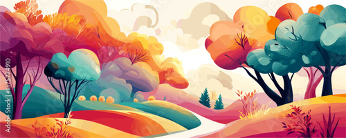 Colorful autumn forest with rolling hills and pathway under cloudy sky vector.