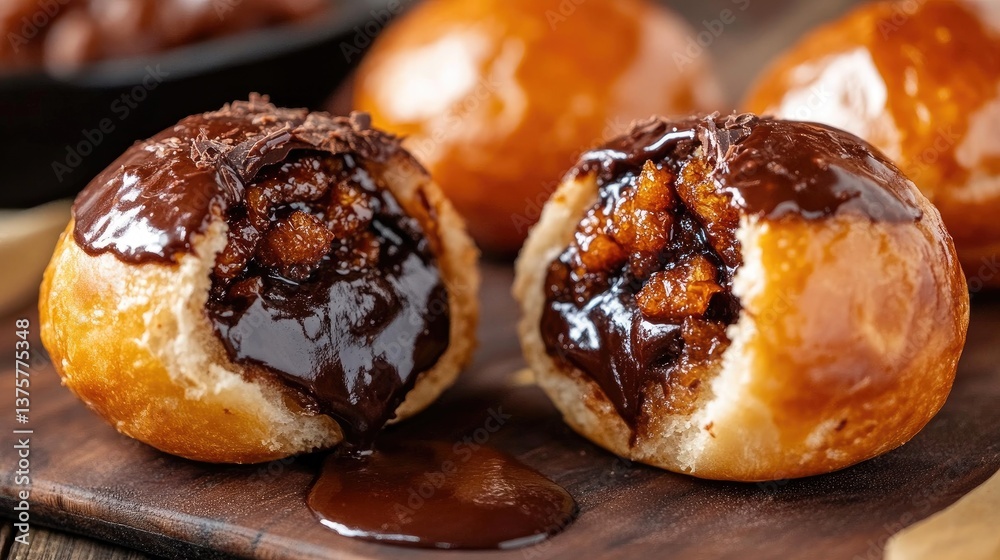 A close-up of a chocolate-stuffed bun, torn open to reveal its gooey center. A close-up of a chocolate-stuffed bun, torn open to reveal its gooey center.