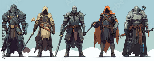 Medieval fantasy warriors in armor with swords and capes standing together - vector.