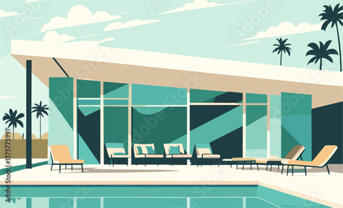 A house with a pool and a patio. The house is blue and white. The pool is surrounded by chairs and a bench. The patio has a few more chairs and a bench. The house is located in a tropical area
