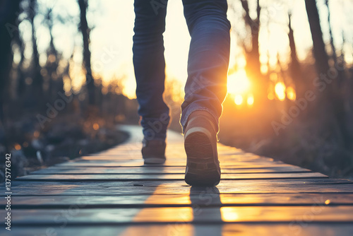 Close-up of boots walking a wooden boardwalk at sunrise, warm golden light and shallow depth of field evoking progress, determination, and new beginnings.