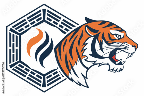 A fierce vector tiger head in side view, its face a pattern of bold orange and black stripes within a hexagonal ink-blue badge
