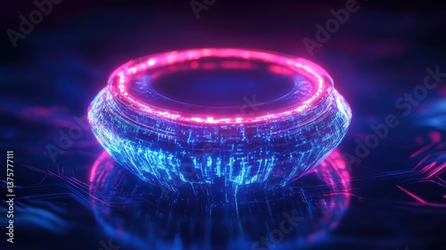 Vibrant neon - lit circular tech device with blue and pink lights on a reflective surface. photo