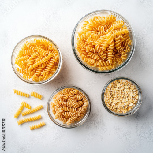 Pasta and oatmeal in glass jars on white background on kitchen.Top view 