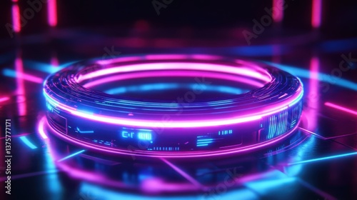 Vibrant neon - lit circular tech device with blue and pink lights on a reflective surface. photo