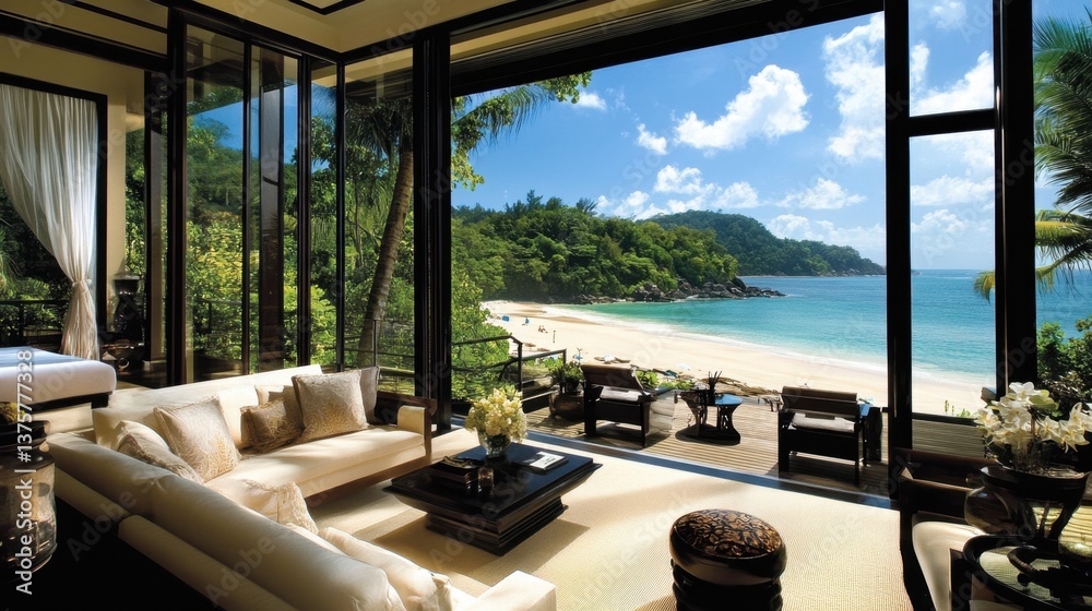Fototapeta premium A beachfront hotel penthouse suite with floor-to-ceiling glass walls and a wraparound terrace.