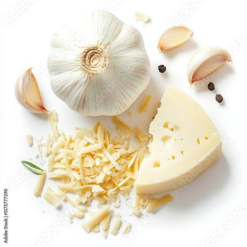 top view of garlic and cheese, isolated white background 