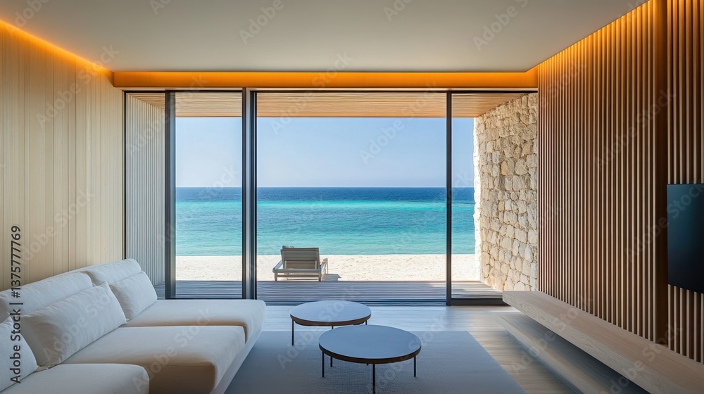 Fototapeta premium A beachfront hotel suite with a minimalist design, large sliding glass doors, and ocean breezes.