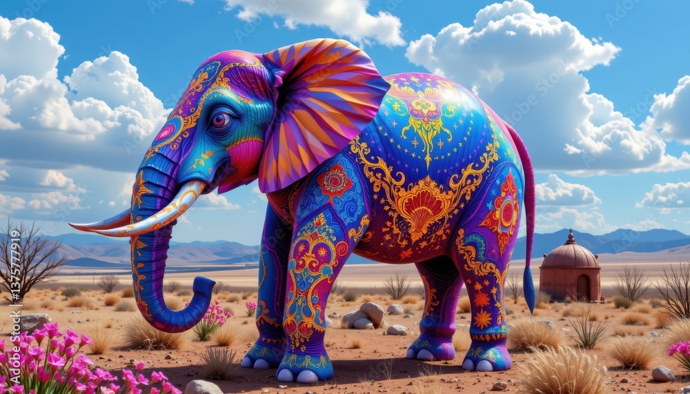Obraz premium Prismatic Elephant Create an elephant adorned with intricate patterns that change color as it moves, set in a surreal landscape.