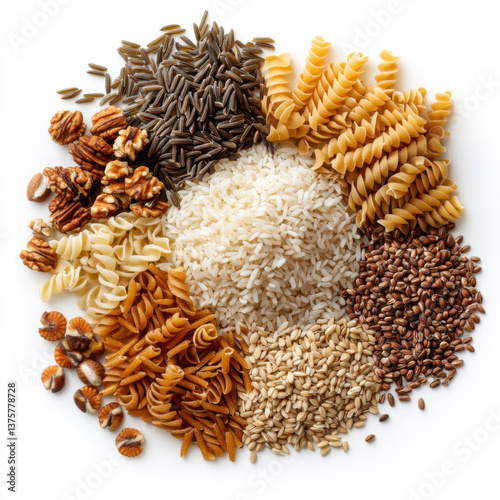 rice pasta and spelt mix top view isolated in white background
