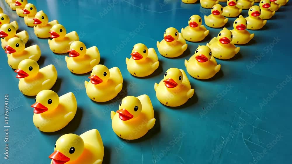 A pattern with rows of bright yellow rubber ducks on a turquoise background.