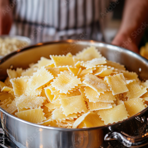 freshly cutted pasta to a pot