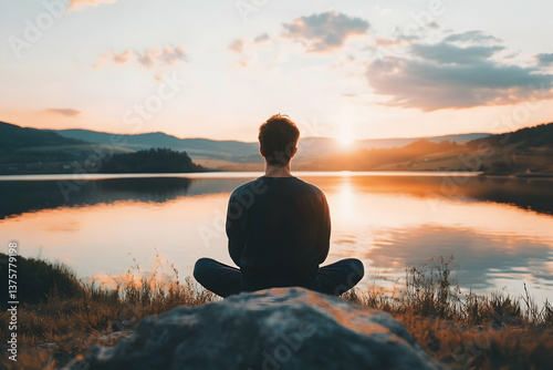 Man sits cross‑legged on rock by a calm lake at sunrise, peaceful mountains reflecting in golden water for a mindful moment.