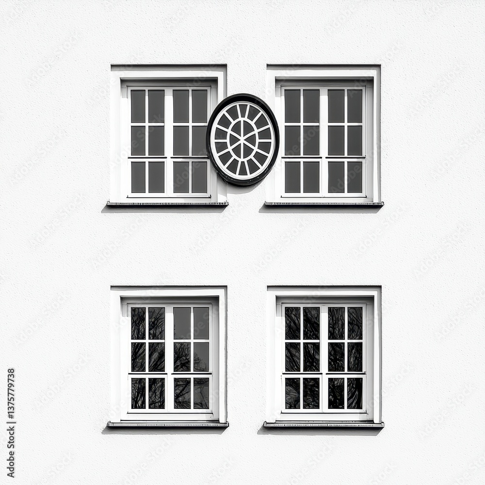 Fototapeta premium Geometric Building Facade with Rectangular Windows and Circular Detail