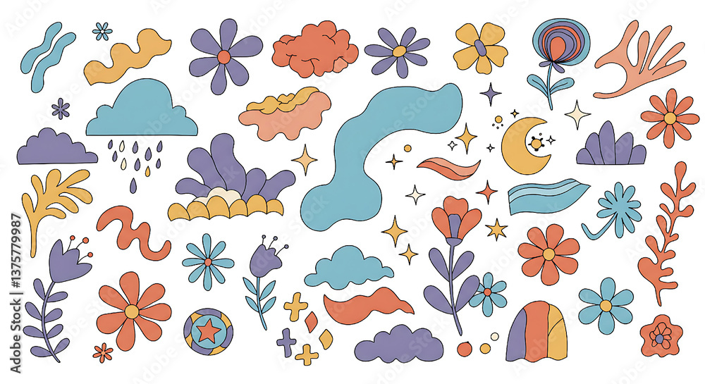 Obraz premium Groovy Retro Psychedelic Element CollectionPromo: Dive into the psychedelic era! This vibrant collection of groovy flowers, clouds, and abstract shapes will add a retro 60s/70s vibe to your designs.
