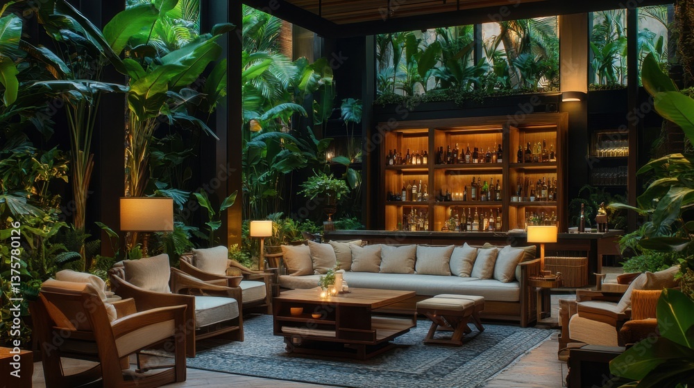 Fototapeta premium A cozy boutique hotel entrance with rustic wooden furniture, soft lighting, and stylish interior decor.