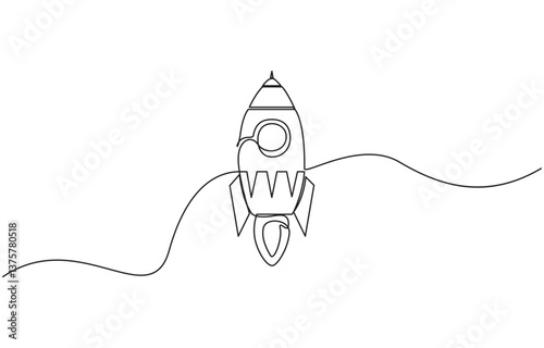 Continuous line drawing of spaceship flying. Single line illustration of rocket spaceship launch, Single line rocket drawing spacecraft launch, startup, innovation.