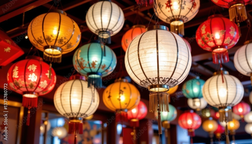 Fototapeta premium Lanterns made from paper and bamboo are a common festive decoration in many Asian countries, symbolizing light, prosperity, and good luck.