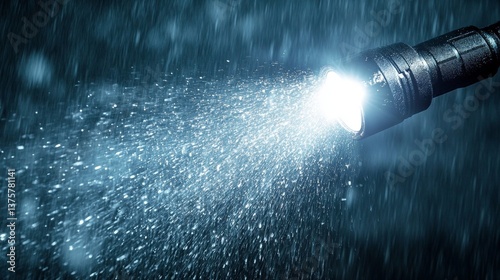 Bright flashlight beam illuminating heavy rain in dark atmosphere