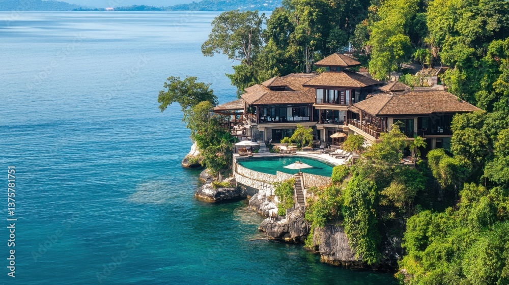 A grand luxury resort overlooking turquoise waters, surrounded by lush greenery. A grand luxury resort overlooking turquoise waters, surrounded by lush greenery.