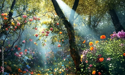 Enchanted forest filled with vibrant flowers, sunlight filtering through trees, creating a magical atmosphere