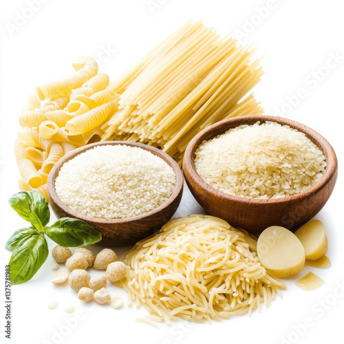 pasta potatoes rice carbohydrates white background 