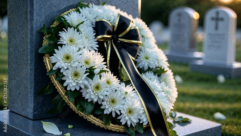 Obraz premium Funeral wreath with white daisies and black ribbon at a cemetery
