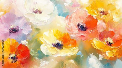 Colorful Floral Oil Painting. Vibrant Impressionist Flowers in Yellow, Orange, and Pastel Hues