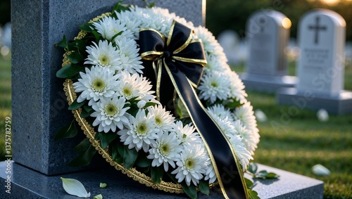Funeral wreath with white daisies and black ribbon at a cemetery