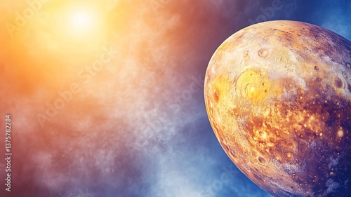 Futuristic spacecraft approaching Venus with glowing orange atmosphere and detailed surface textures, space exploration and planetary science concepts.
