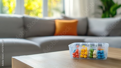 Colorful capsules in a pill organizer on a wooden table, representing daily medication routine and health management for chronic conditions.

