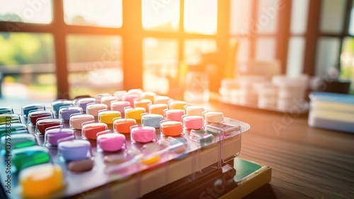 Colorful capsules in a pill organizer on a wooden table, representing daily medication routine and health management for chronic conditions.
