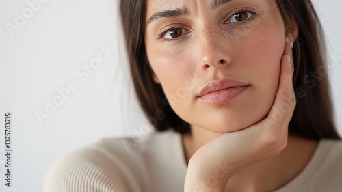 Worried young woman gently touching her neck with subtle concern, expressing anxiety or health issues, medical checkup and nervousness concept.
