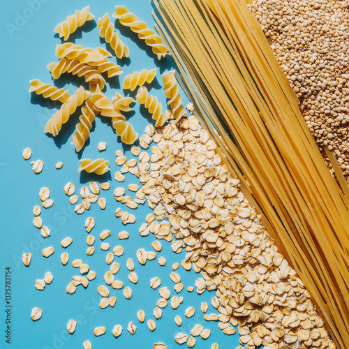 a top down realistic image of dry pasta, quinoa and oats on a blue background 