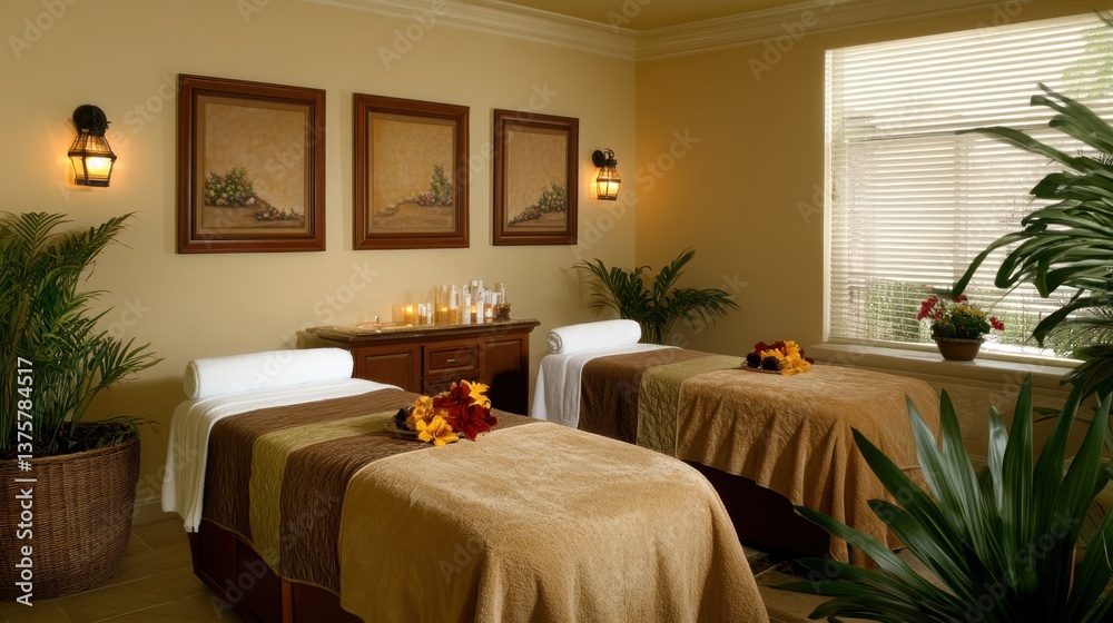 Fototapeta premium A premium hotel spa room with massage beds, soft lighting, and a relaxing ambiance.