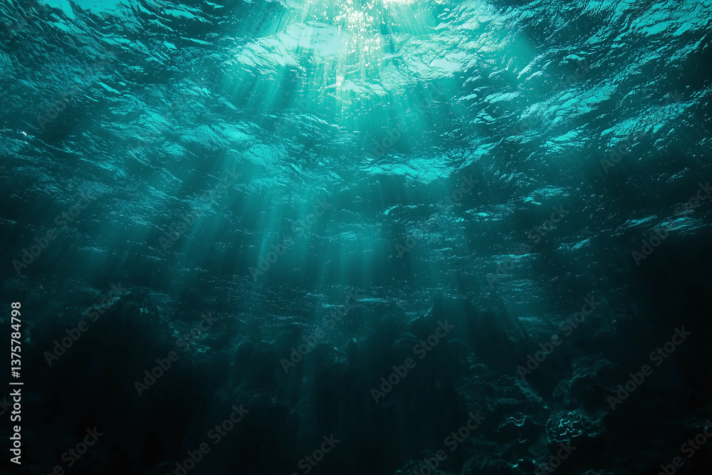 Naklejka premium Beneath surface, tranquil underwater scene showcases shimmering light rays penetrating deep teal water, creating serene and inviting atmosphere