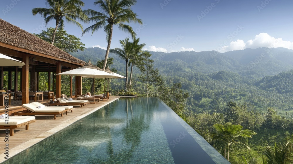 Fototapeta premium A stylish luxury hotel outdoor pool with an infinity edge, wooden deck, and palm trees.