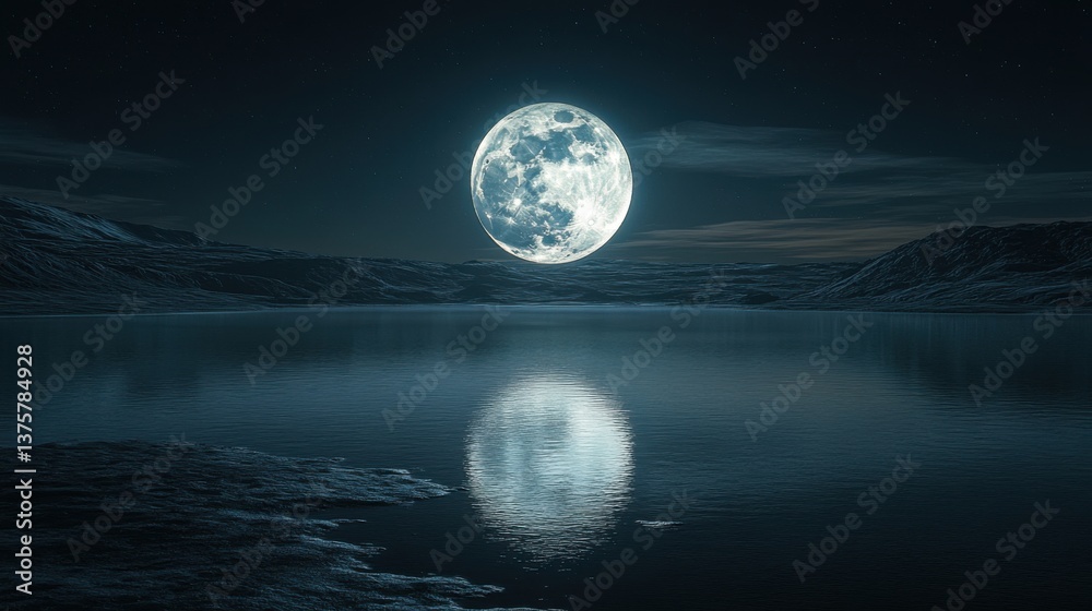 Fototapeta premium A serene night scene featuring a full moon reflected on a calm lake, surrounded by dark hills and a starry sky.