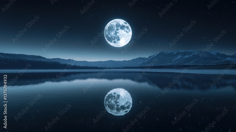 A serene night scene featuring a full moon reflecting on a calm lake, surrounded by mountains under a starry sky. A serene night scene featuring a full moon reflecting on a calm lake, surrounded by mountains under a starry sky.