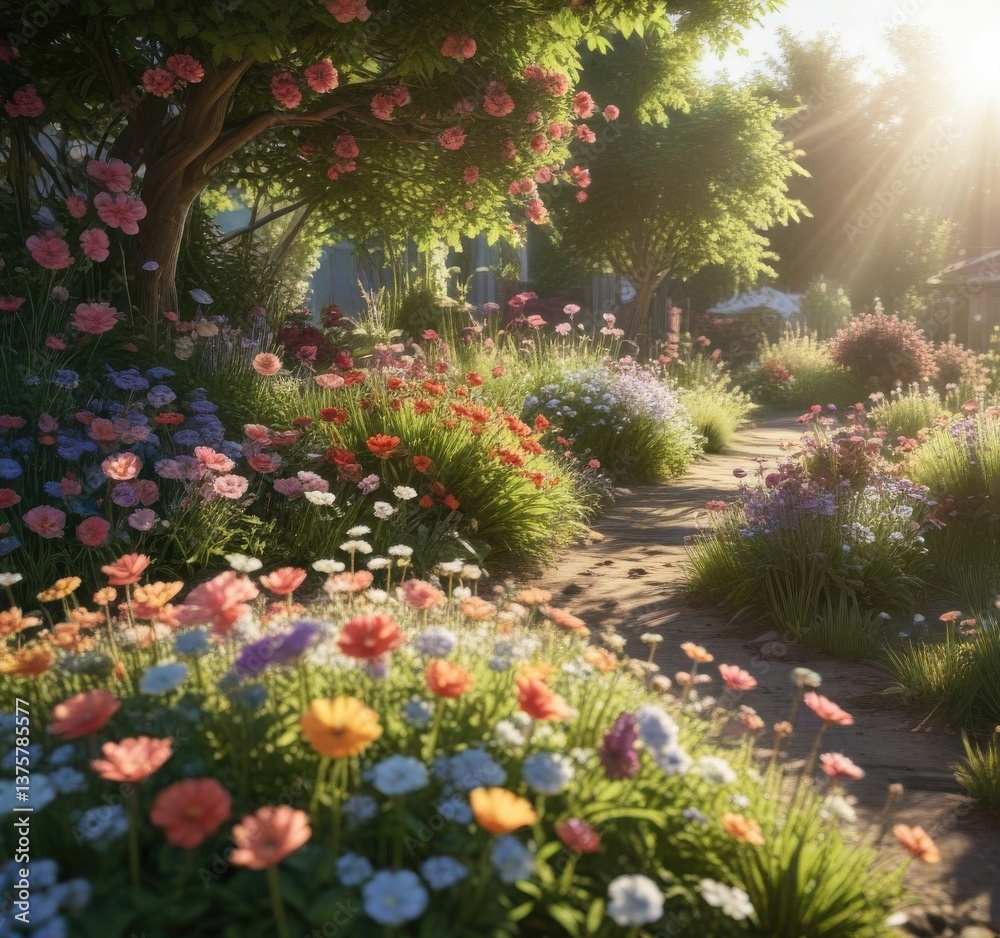 Abundant flowers in a garden setting with sunlight filtering through, sunlight, flowers, garden Abundant flowers in a garden setting with sunlight filtering through, sunlight, flowers, garden