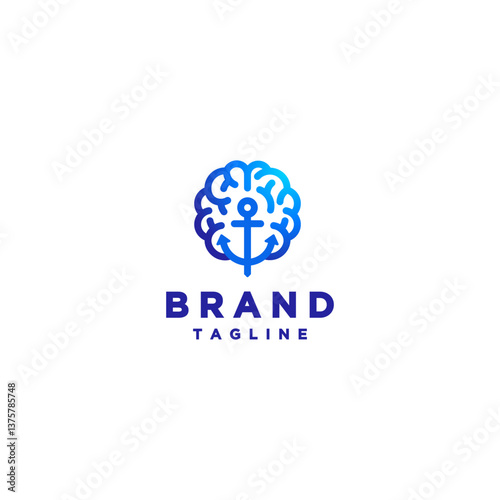 Simple Brain Anchor Silhouette Logo Design. Anchor Tethered Firmly In The Brain Logo Design.