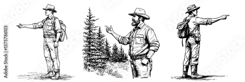 Naturalist guides exploring the wilderness and pointing out features in a forested area during daytime