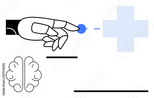 Robotic hand interacts with a digital dot linking to medical cross, accompanied by brain illustration. Ideal for healthcare, AI, robotics, innovation, neuroscience, technology, futuristic health